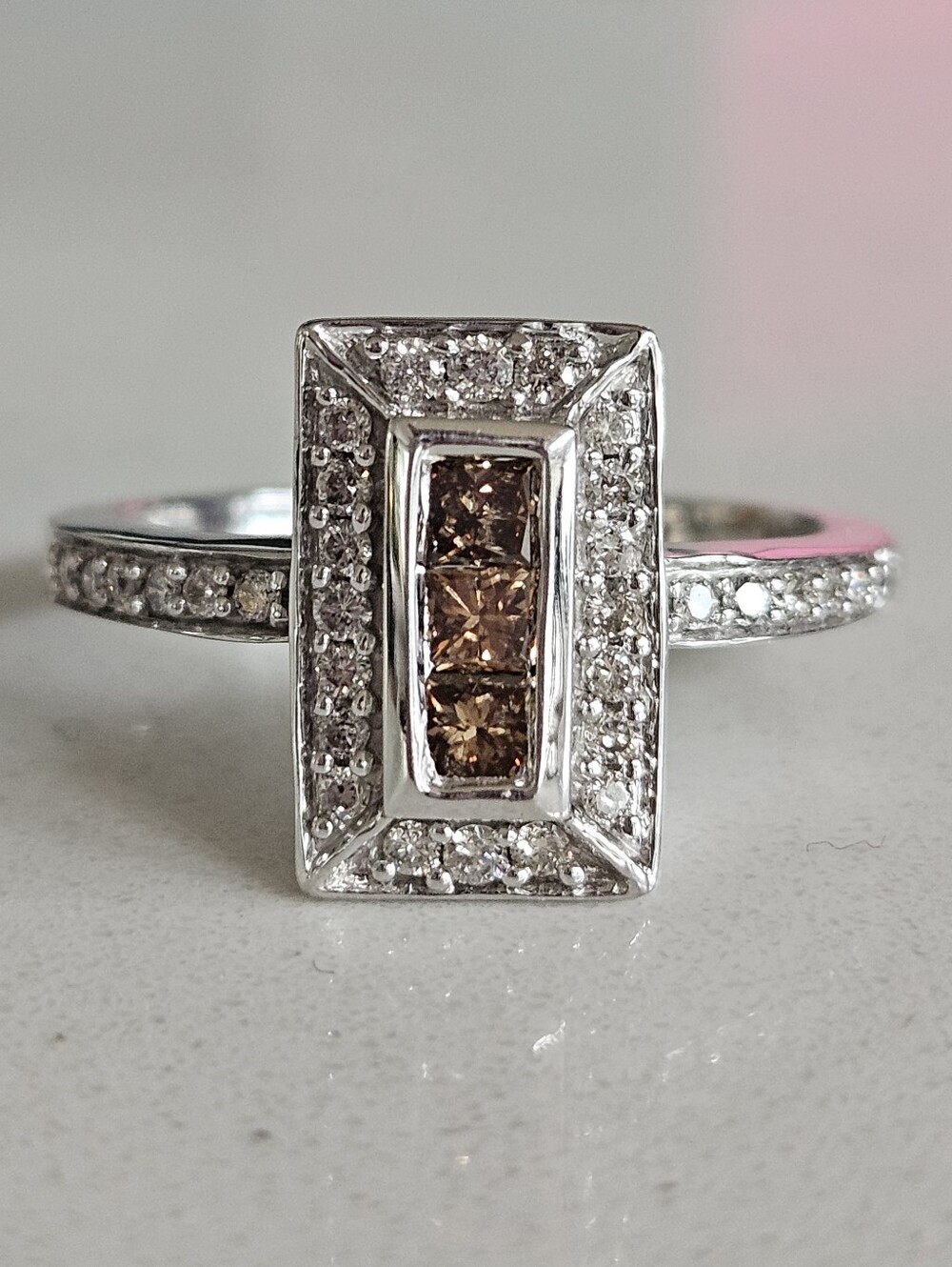 14k White Gold Princess Cut Natural Cognac Diamond Halo Engagement Ring